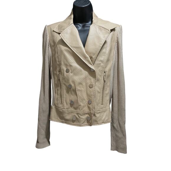 Cache Knit & Faux Leather Tan Jacket - Medium - Wear on Collar - Picture 1 of 10